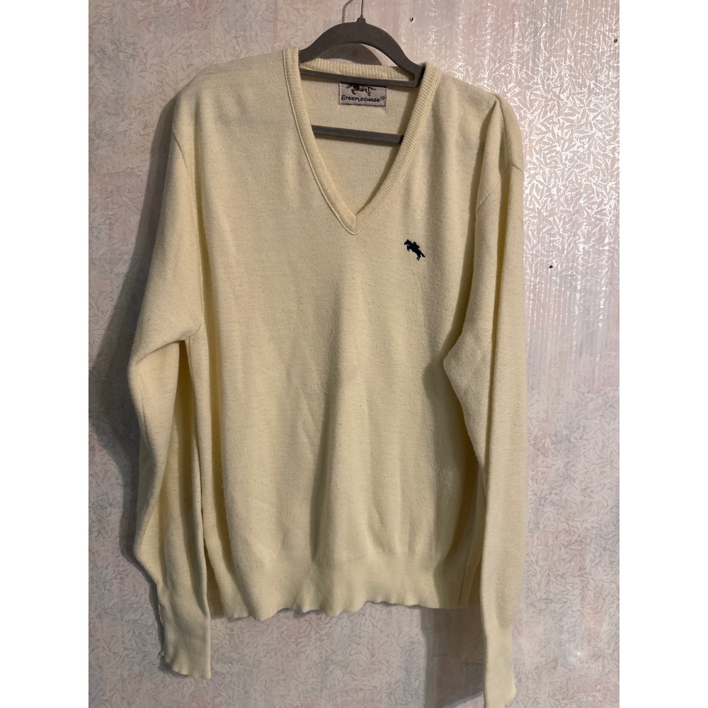Steeplechase Vintage V-Neck Sweater XL Cream Orlon Equestrian Made in USA